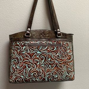 Brown and Teal Embossed Leather Tote Bag